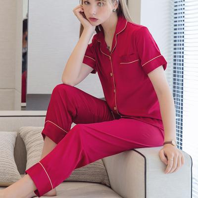 China Women's Breathable Sleepwear Shorts Sheath Breathable Casual Solid Ice Silk Pajamas 2 Piece Sets For Women for sale