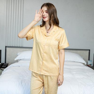 China Wholesale Breathable Summer Sleepwear Two Piece Set Home Wear Jacquard 2 Piece Ice Silk Pajamas Set For Women for sale