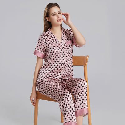 China 2023 Women's Breathable Sleepwear Piyama Comfortable Houndstooth Printed 2 Pieces Satin Pajamas Set for sale