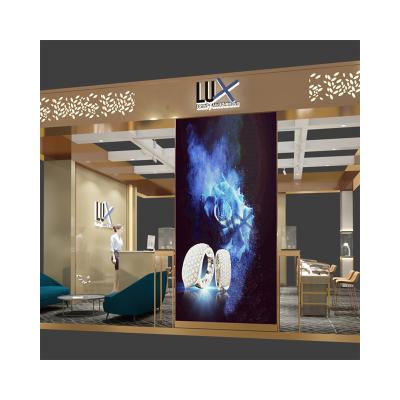 China Retail Stores LUX Design Electroplating Rose Gold and Ultra White Tempered Glass Display Cabinet for Jewelry Store Interior Design for sale