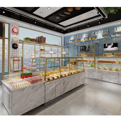 China LUX Customized Tempered Glass Modern Eco-friendly Marble Style Bakery Shop Display Showcase Wooden Design for sale