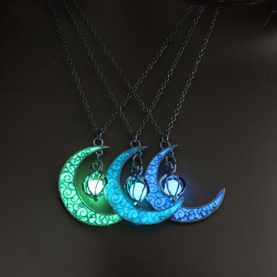 China TRENDY Jewelry Silver Plated Crescent Shaped Pendant Luminous Stone Beads Glow in the Dark Moon Necklace For Women Gift for sale