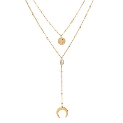 China Geometry Crescent Real Natural Pearl Gold Long Coin Layer Necklace for sale