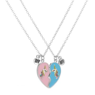 China Cute Pink Unicorn Pendant Necklace With Best Friends Broken Heart Magnet For Girl Women for sale