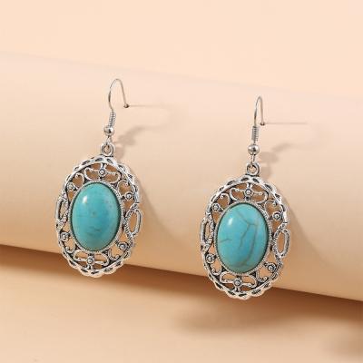 China BOHEMIA Ladies Bohemian Jewelry Antique Silver Hollow Out Oval Blue Turquoise Earrings for sale