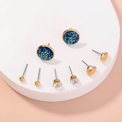 China TRENDY 4 pairs earing Mini Small Heart Resin Green Druzy Minimalist Korean Zircon Stone Stud Earrings Set Jewelry Women for sale