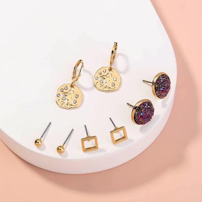 China Luxury Colorful Druzy Mini Hoop Huggie Charms Diamond Earrings 4 Pairs Gold TRENDY Resin Set Geometric Square Stud Jewelry Women for sale