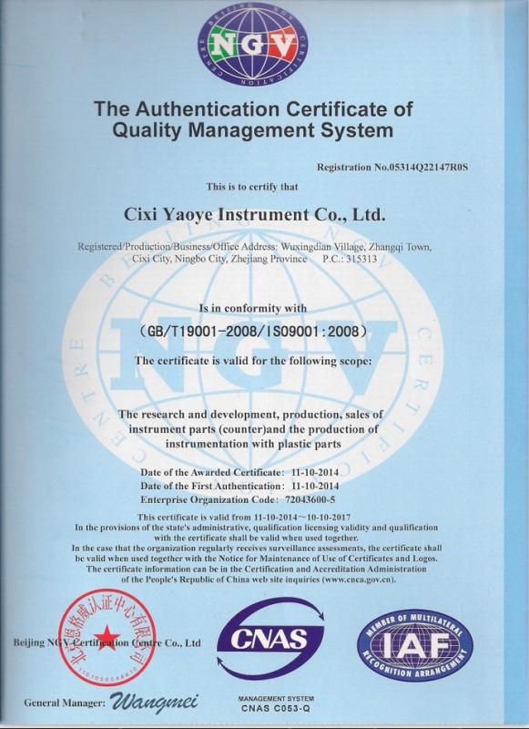 ISO9001 - Ningbo Yaoye Instrument Technology Co., Ltd.