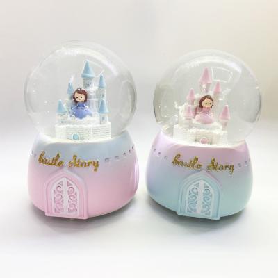 China YIWU BAIWEN folk art manufacture globe wholesale hot battery snow castle girl musical promotion gift for sale