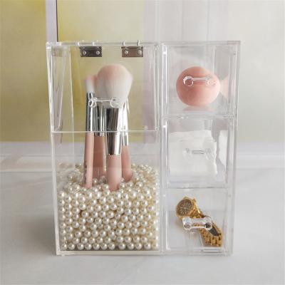 China CIA Wholsale Covered Pearl Makeup Brush Holder With Dust Cover Acrylic Clear Brush Jewelry Storage Cosmetic Organizer for sale