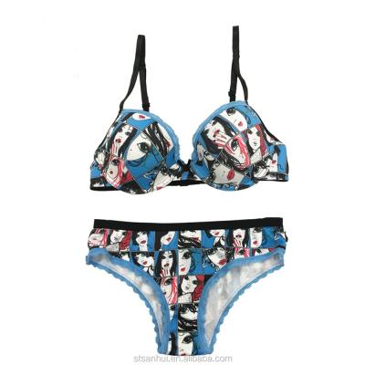 China Antibacterial Fashion Plaid Printing Funny Comic Women Printing Bra Panty Set OEM Hot Selling for sale