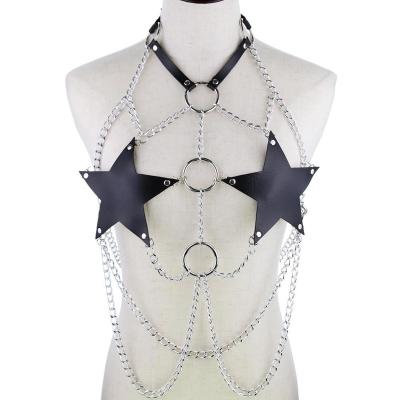 China ALLOY Women Man PU Star Pentagon Chain Harness Praise BDSM Festival Harness Body Chain Chest Leather Straps for sale