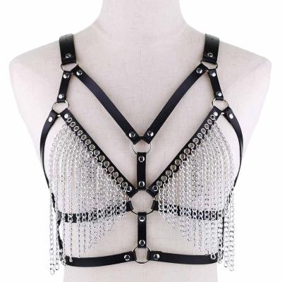 China Sexy Leather ALLOY Harness Body Chain Bikini Bra Goth Punk Rock Bondage Chest Belt With Tassel Tanks Chain Waist Belts for sale