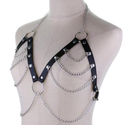 China Personality punk sexy leather bikini body chain bra body belt decorative PU chest strap suspender strap for sale