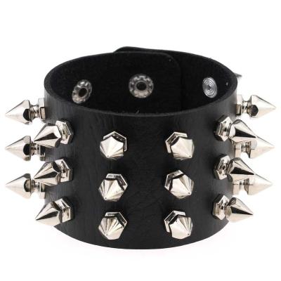 China Punk Metal Studded Spikes Break Button Bangle Faux Rivet Goth Punk Rock Biker Leather Bracelet for sale