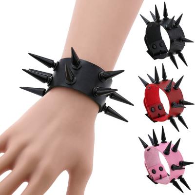 China Gothic Punk Rock Black Two Tier Spikes Rivet Leather Bracelet Bangles Charm Woman Man Bracelet for sale