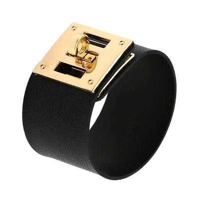 China Fashion Punk Goth Gold Color Leather Wide Circle Bracelets & Bangles For Women Men for sale