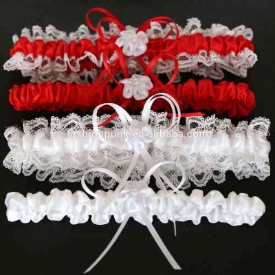 China Lace Up Ribbon Lace Bowknot Sexy Garter Belt Elastic Legs Loop Bride Garter Belt for sale