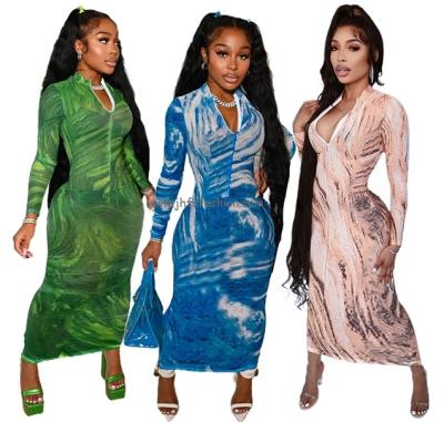 China J&H 2022 Viable Women Fall Dresses Bodycon Ladies Dress Tie Dye Women Lady Clubwear Maxi Clubwear Dresses for sale