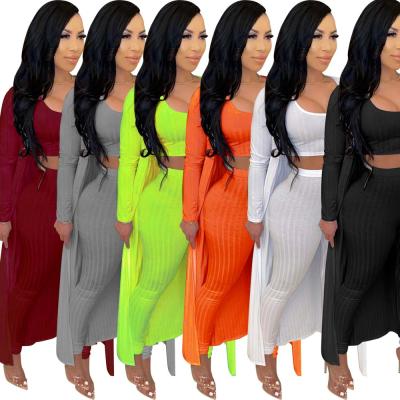 China 2021 New Arrivals Breathable Ribbed Knit Three Piece Set Stylish Women Cardigan With Pants Set Solid Color Slim Fit for sale