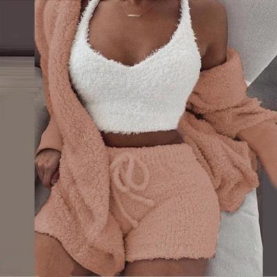 China 2021 Hot Sale Breathable Comfortable Furry Outfit 12 Colors Women Crop Top With Coats Three Piece Shorts Set Home Wear for sale