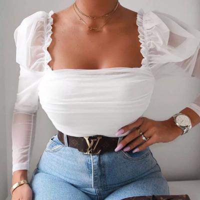 China 2020 Hot Selling New Arrivals Amazon Anti-pilling Puff Sleeves Neck Ladies Square Chiffon Blouse for sale