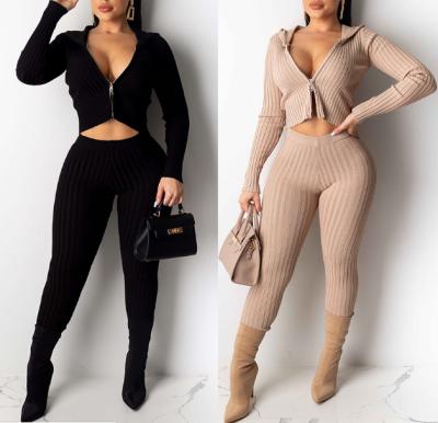 China Anti-static zipper hot style in slim hooded two-piece suit women's two-piece set Europe and America rib rib for sale