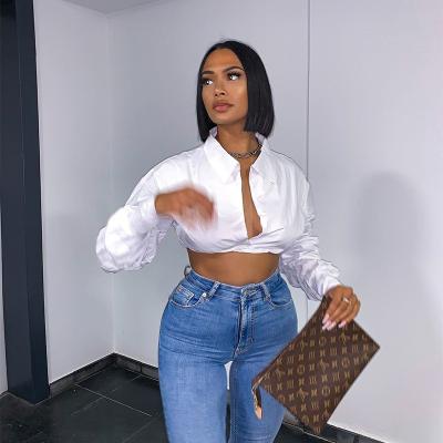 China New Designs Anti-Pilling Tie-Wrap Plain White Backless Crop Woman Long Sleeve Cropped Women Clothing Shirts Blouses And Tops Tops Lady for sale