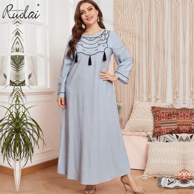 China Ruolai MSDC0009 Women Daily Wear Plus Size Loose Blue Long Sleeve Tassel Color Muslim Dresses for sale