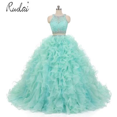 China Real Design PEV-L3073 Washable 3 Pieces Green Ruffle Detachable Skirt Lace Up Crystal Prom Dress Ball Gown Quinceanera Dresses for sale