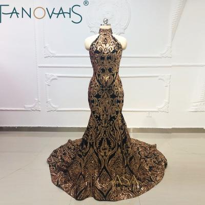 China OEV-L4162 Black and Gold Sequin Halter Bling Bling Breathable Luxury Special Occasion Prom Dresses for sale