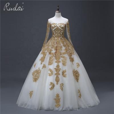 China Ruolai YASA-020 Anti-wrinkle White and Gold Applique Bridal Vintage Custom Beaded Ball Gown Full Skirt Long Sleeve Muslim Wedding Dress for sale