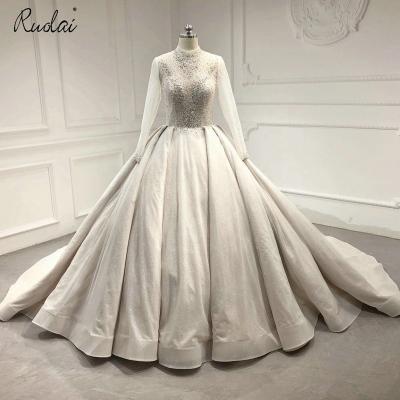 China OWD-H2305 Breathable High Neck Beading Crystal Illusion Long Sleeves Bridal Dresses Beading Satin A Line Wedding Dresses for sale