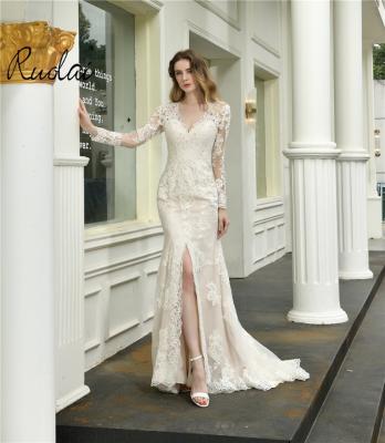 China 47394 Breathable V-Neckline Appliqued Sequins Lace Up Flower And Beads Illusion Mermaid Wedding Dresses With Split Wedding Dress for sale