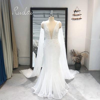 China OWD-H2412 Breathable Shiny Beading Deep V Neck Illusion Wedding Dress Mermaid Wedding Dresses 2020 Cutout Beads Bridal Gowns for sale