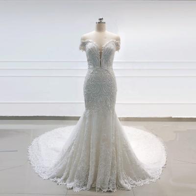 China OWD-H2210 Luxury Breathable Off The Shoulder Mermaid Lace Wedding Dress Heavy Beaded Bride Dress Long Cathedral Train for sale