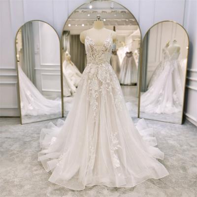 China Ruolai QW01080 Anti-Static Elegant Girl Beaded Spaghetti Straps Blush Striping Flower Lace Bridal Gowns A-Line Wedding Dress for sale