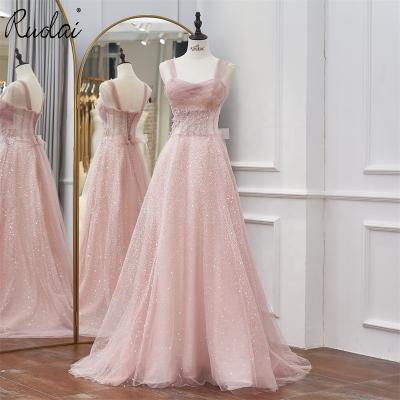 China RUOLAI LWC1083 Viable Shiny Spaghetti Strap Dinner Dress Even Dress Tulle Sequined Beading Prom Dresses for sale