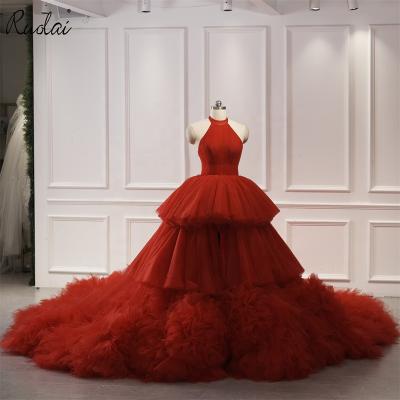 China Ruolai LWR0031 Luxury Halter Ball Gown Anti-Wrinkle Red Formal Dress With Ruffles New Style Backless Evening Dresses for sale