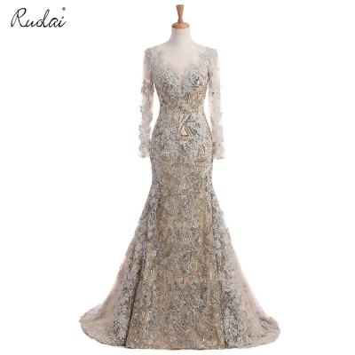 China PEV-L3056 Shiny Sequins Arabic Lace Beaded Elegant Anti-Static Appliques Evening Dress Long Sleeve Evening Dress for sale