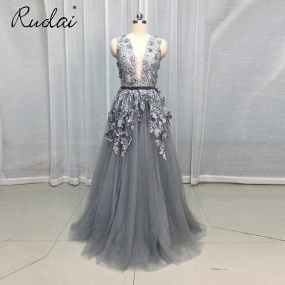 China OEV-L4025 Vintage Breathable 3D Lace Flowers Beaded Aline Lady Evening Dress Women Evening Dresses Dress for sale