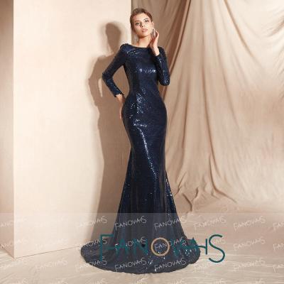 China ASA0520 Anti-wrinkle Long Sleeve Navy Long Dress Deep Sequined Dress Charming Navy Evening Dress for sale