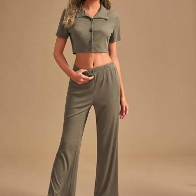 China Wholesale QUICK DRY Army Green Dropshipping Short Sleeve Pajamas Set Women Suit Autumn Single-Breasted Short Blouse 2022+Pants for sale