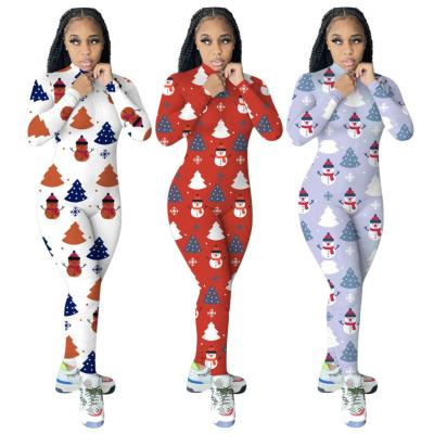 China Anti-pilling 2021 New Winter Christmas Long Sleeve Jumpsuits For Women Print Snowman Christmas One-piece Pajamas for sale