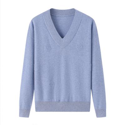 China 100% Pure Cashmere Women's Anti-Wrinkle Women's Easy Two-Ply Cashmere V-Neck Sweater Ribbed Long Sleeve Sweater OEM Service for sale