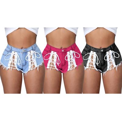 China Anti-Wrinkle Women Lace Up Short Ripped Jeans Hollow Out Sexy Girls Strip Destroyed Denim Stretchy Shorts 2022 Summer Mini Hot Pants for sale