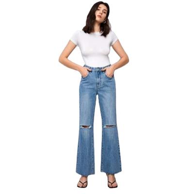 China Breathable New Fashion Basics Vintage Flare Denim High Waisted Casual Ripped Boot Cut Out Jeans Women for sale