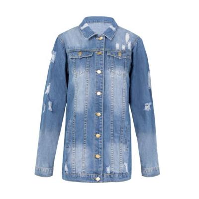 China OEM 100%cotton Sustainable Ladies Fall Long Denim Jacket 2021 Dark Blue / Light Blue for sale