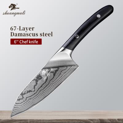 China Viable 6Inch 67Layer VG10 Damascus Chef's Knife With Black Group Of Ten Steel Handle for sale