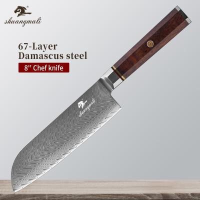 China 7inch Damascus Steel 10Cr15Mov Kitchen Knife Viable Santoku Serving Knives With Octagonal Shape Rose Wood Handle for sale